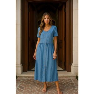 Vintage Boundary Waters Denim Dress Midi Button Front Pockets L Cottagecore 90s